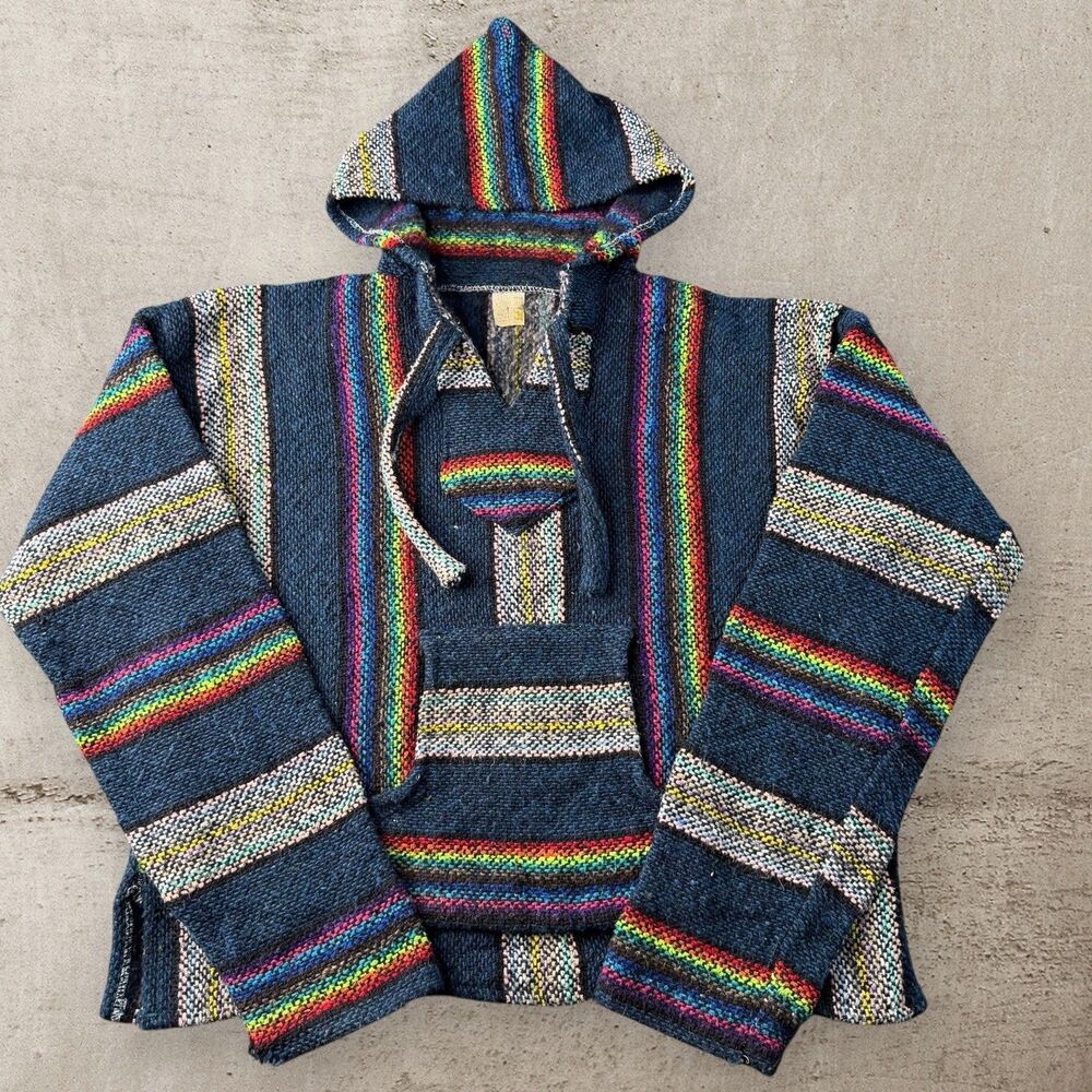 Artesanias Tuntaquimba Hoodie Men’s Medium Blue Striped Southwest Aztec Native